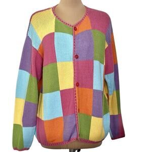 Rey Wear Colorblock Cardigan Sweater Womens XL Hand Knit Bolivia Cotton Buttons